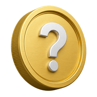 Sur la page FAQ, une pièce d’or 3D décorative montre un point d’interrogation